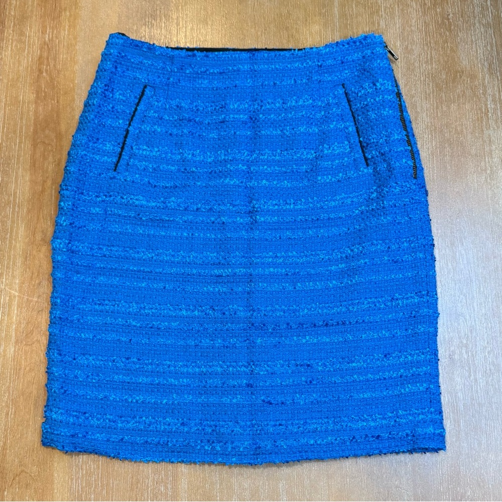 Halogen Pencil Skirt Blue Textured Side Zip Faux Pockets‎ Lined Above Knee Sz 6